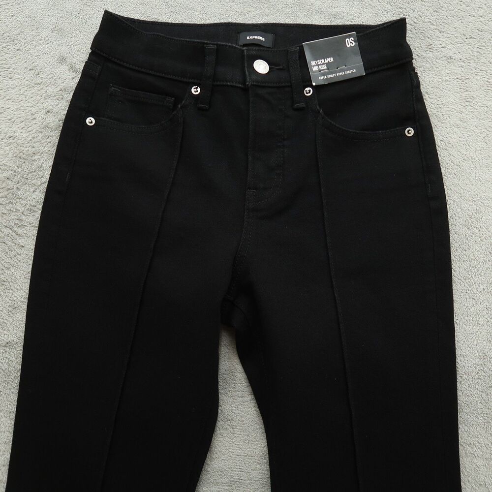 Express Jeans Womens Size 0 Black Skyscraper Mid-Rise Kick Split Hem 31" Inseam - Picture 14 of 16